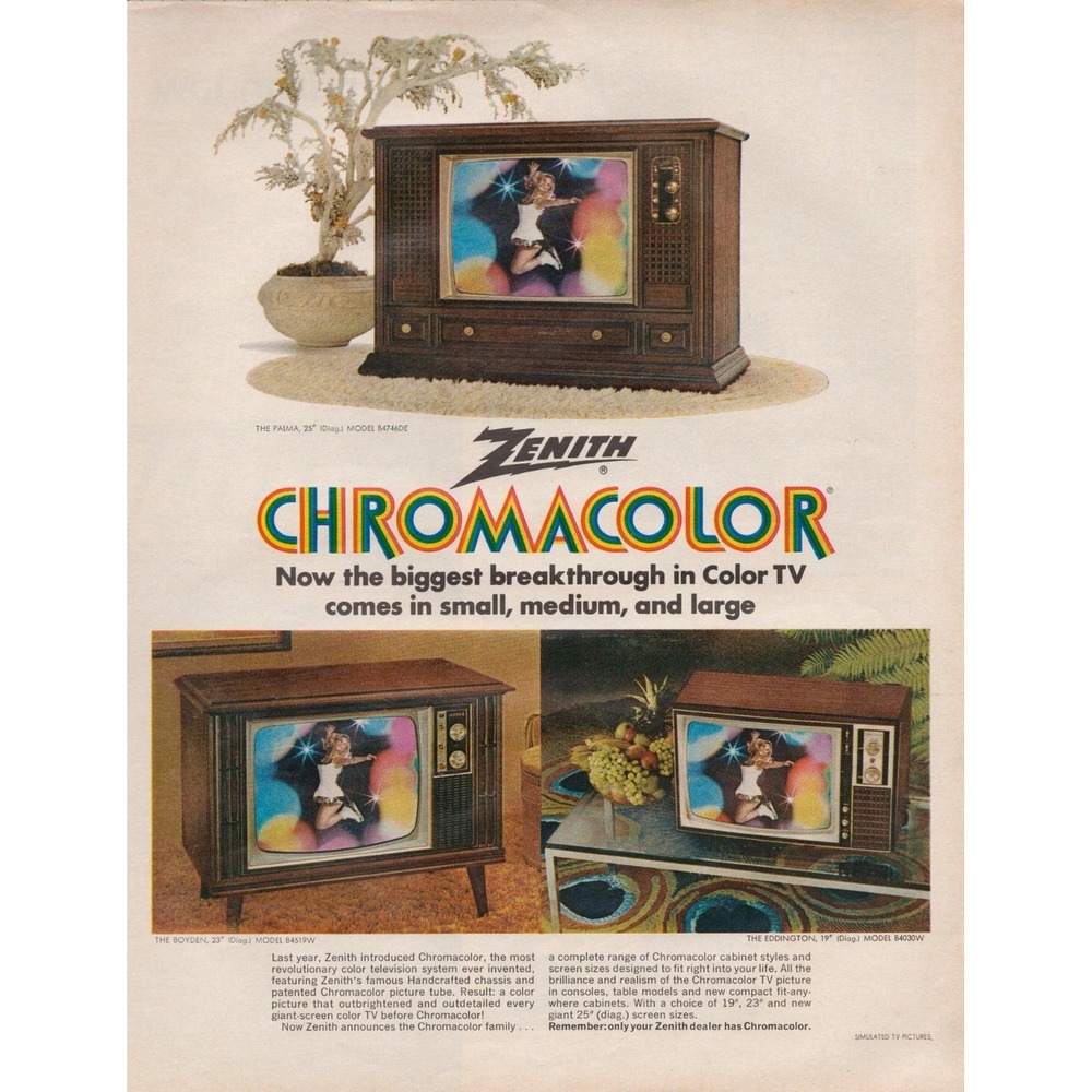 Zenith Chromacolor Color Television Breakthrough Vintage TV Print Ad 1970